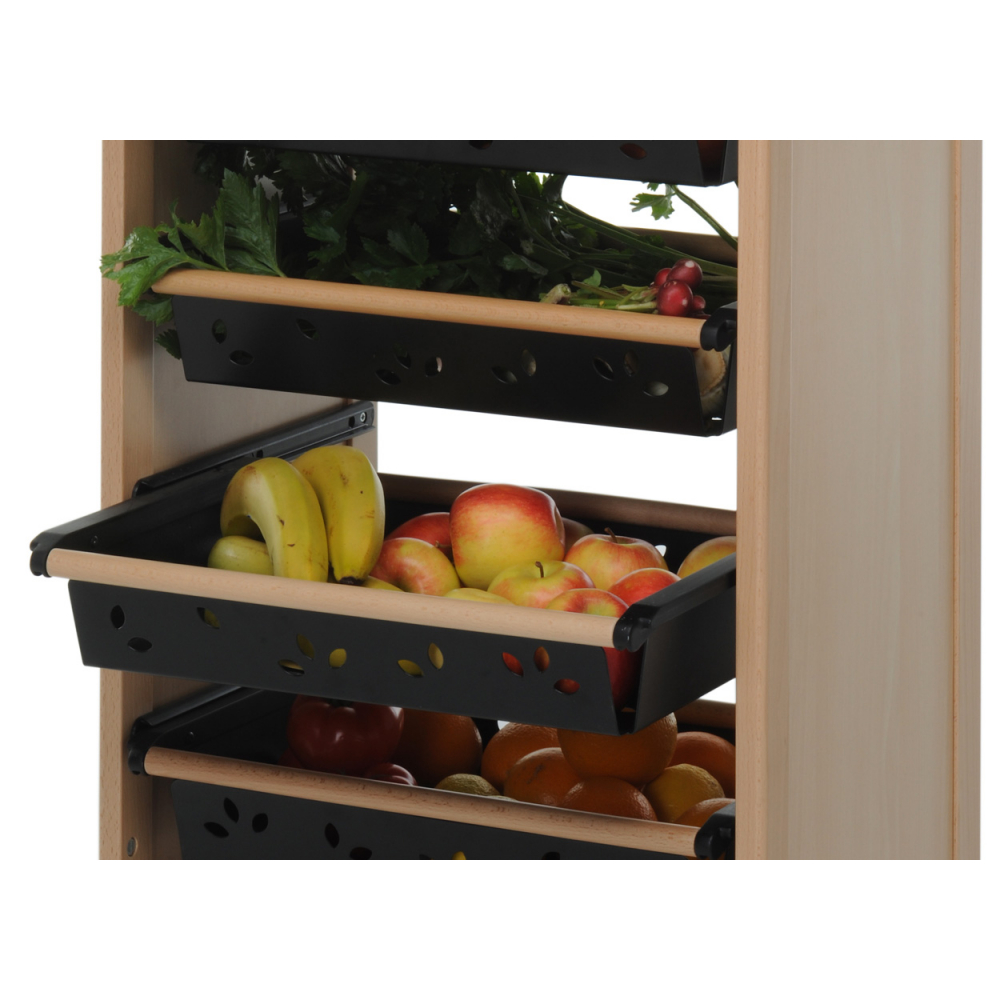 Dotato di un cassetto e quattro comodi cesti in metallo estraibili per riporre gli utensili da cucina, frutta e verdura